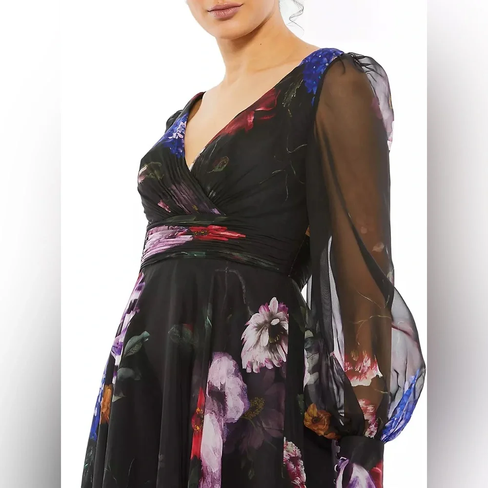 Mac Duggal Long Sleeve Floral Chiffon Gown, NWT, Current 2025 Season, Saks $600 - Picture 2 of 5